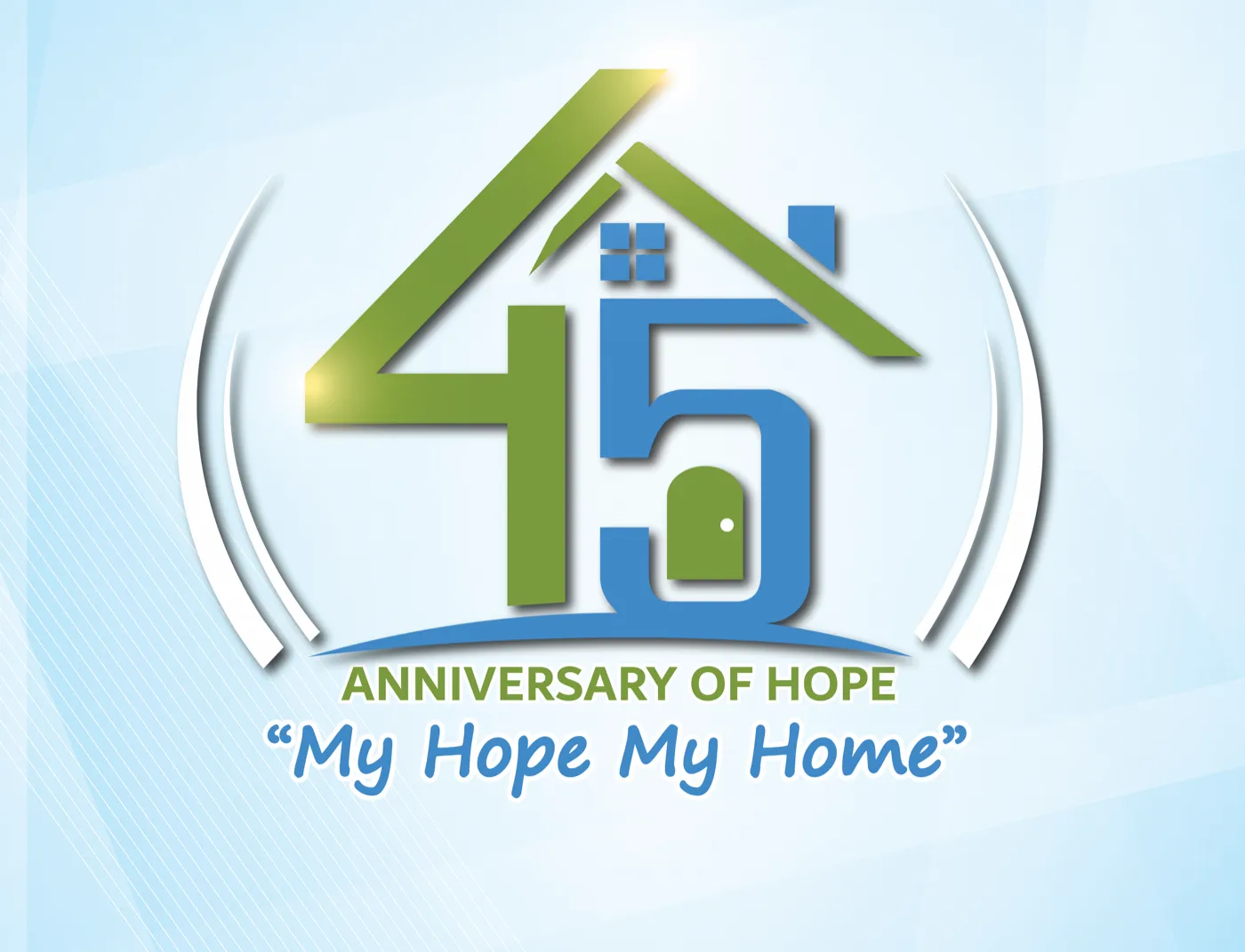 ตราสัญลักษณ์ครบรอบ 45 ปี — เลข 45 รูปบ้าน พร้อมข้อความ ANNIVERSARY OF HOPE และ My Hope My Home